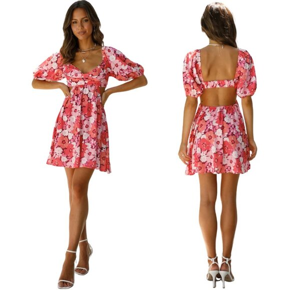 Hello Molly On The Beat Floral Cut Out Mini Dress Women's 2 Pink Open Back Party - Picture 1 of 14
